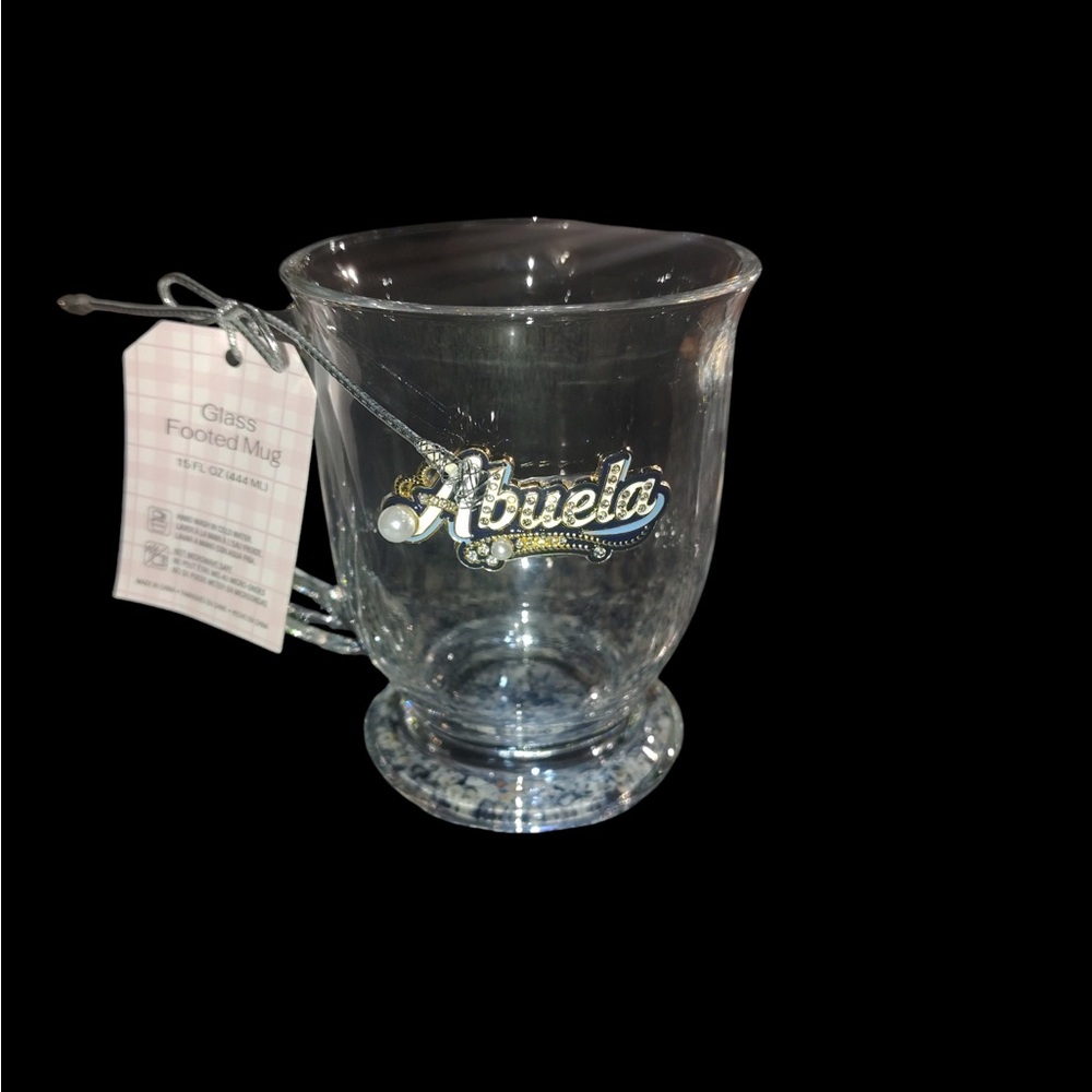 Clear Glass Footed Mug with 'Abuela' in rhinestones NWT large for grandmother